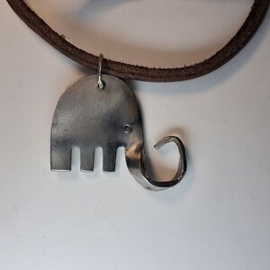 Shiny Fork Art Elephant Pendant Necklace w/ Brown Cord (Silvertone)